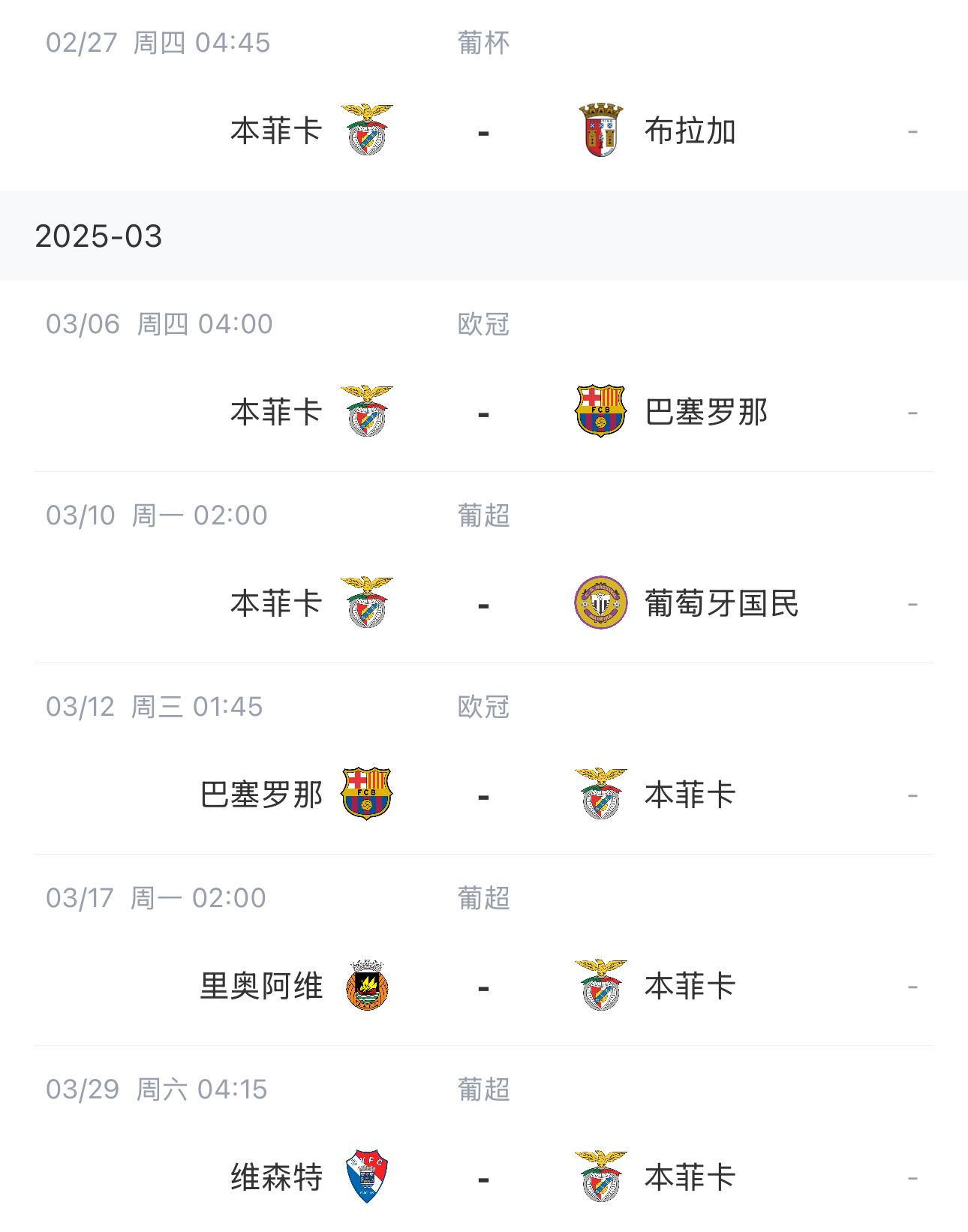 讓路歐冠！本菲卡戰(zhàn)巴薩首回合比賽前的葡超比賽推遲進(jìn)行